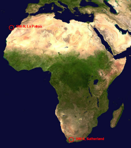 A map showing the SuperWASP locations in the Canary Islands and South Africa